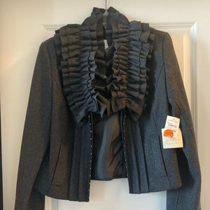 Hinge Grey Ruffle Wool Ruffle Collar Jacket, Size Large